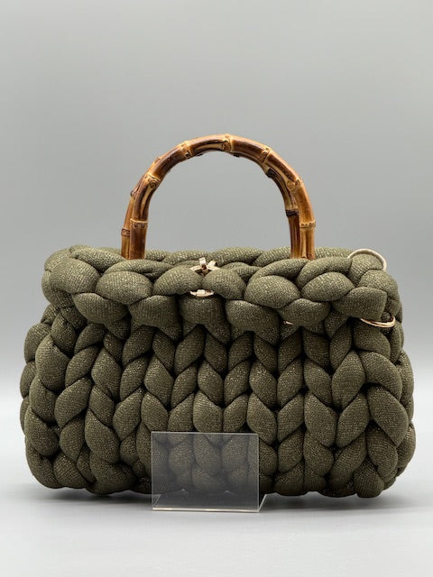 Hera Bag Acryl Lurex Garn Olivgrün mit Goldfaden