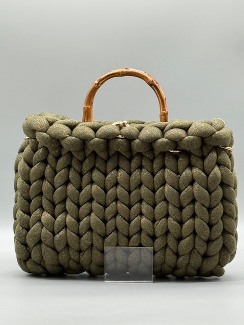 Hera Bag Acryl Lurex Garn Olivgrün mit Goldfaden